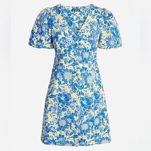 J.Crew button-front puff-sleeve a-line mini dress in blue floral twill size 16